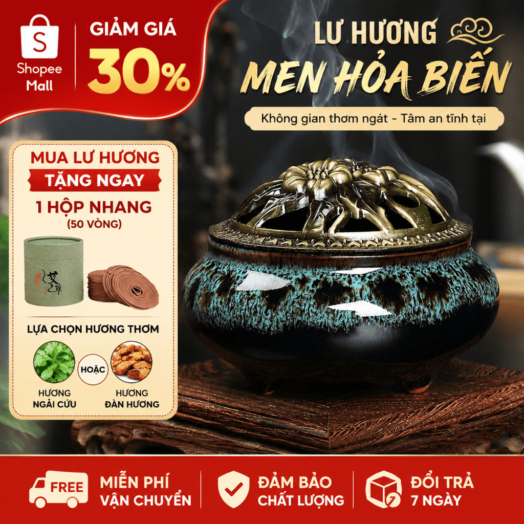 Bộ Lư Hương Gốm Sứ + Nhang Đĩa Thơm Tự Nhiên, Tạo Không Gian Thư Giãn