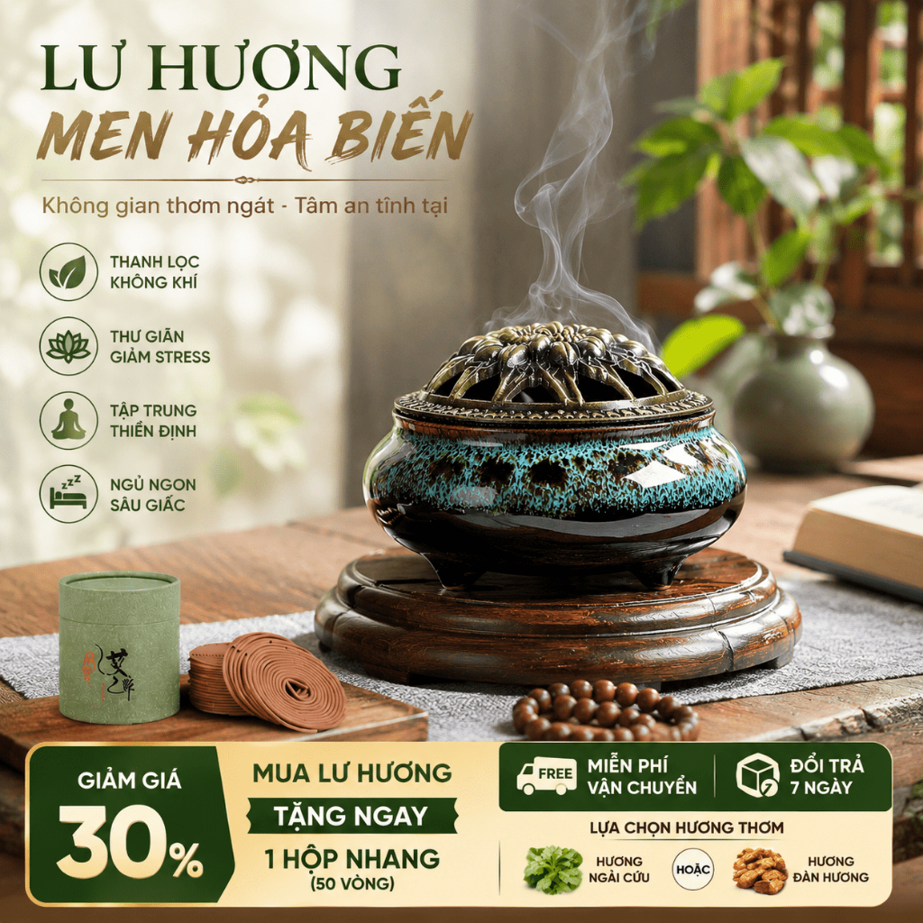 Bộ Lư Hương Gốm Sứ + Nhang Đĩa Thơm Tự Nhiên, Tạo Không Gian Thư Giãn