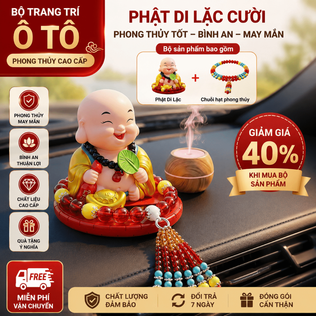 Trang Trí Ô Tô Bụt Di Lặc + Dây Chuỗi Trầm, Đem Lại May Mắn, Bình An Trên Đường