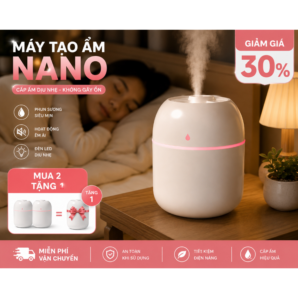 Máy Tạo Độ Ẩm Mini 220ml, Hoạt Động Im Lặng, Phun Sương Nano, Đèn Ngủ, USB Sạc, Dành Cho Phòng Ngủ & Văn Phòng