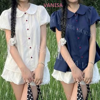 Áo sơ mi nữ babydoll cổ bèo sen tay phồng form rộng đen xanh trắng phong cách Hàn Quốc VANISA SM933