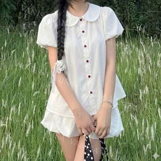 Áo sơ mi nữ dáng babydoll tay bồng cổ bèo sen màu xanh đậm trắng đen VANISA SM933