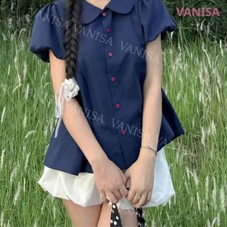 Áo sơ mi nữ dáng babydoll tay bồng cổ bèo sen màu xanh đậm trắng đen VANISA SM933