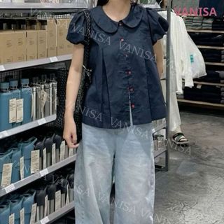 Áo sơ mi nữ dáng babydoll tay bồng cổ bèo sen màu xanh đậm trắng đen VANISA SM933