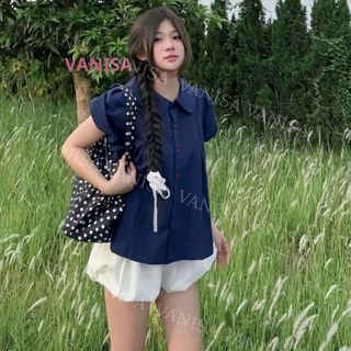 Áo sơ mi nữ dáng babydoll tay bồng cổ bèo sen màu xanh đậm trắng đen VANISA SM933
