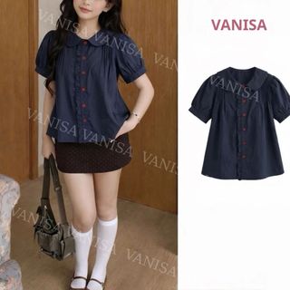 Áo sơ mi nữ dáng babydoll tay bồng cổ bèo sen màu xanh đậm trắng đen VANISA SM933