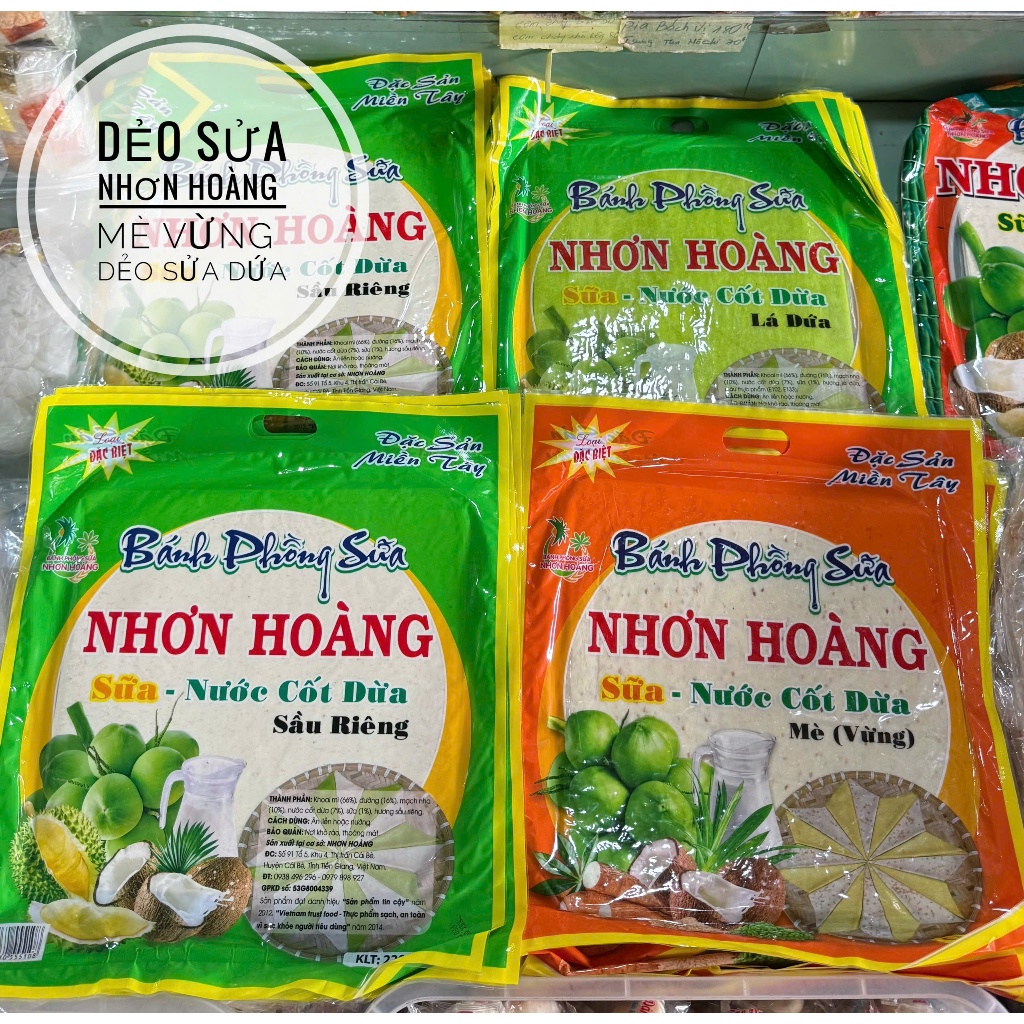 Bánh Phồng Sữa Dừa - Bánh Dẻo Cốt Dừa Vị Sầu Riêng, Mè Vừng, Lá Dứa - Bánh Tráng Cốt Dừa Nhơn Hoàng