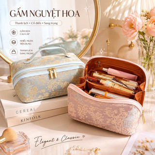 Túi Bag Makeup Mỹ Phẩm Gấm Nguyệt Hoa Cổ Điển| Mỹ Phẩm Đa Năng Nhiều Ngăn Sang Trọng Style 2026 |Quà Tặng Gift For Women
