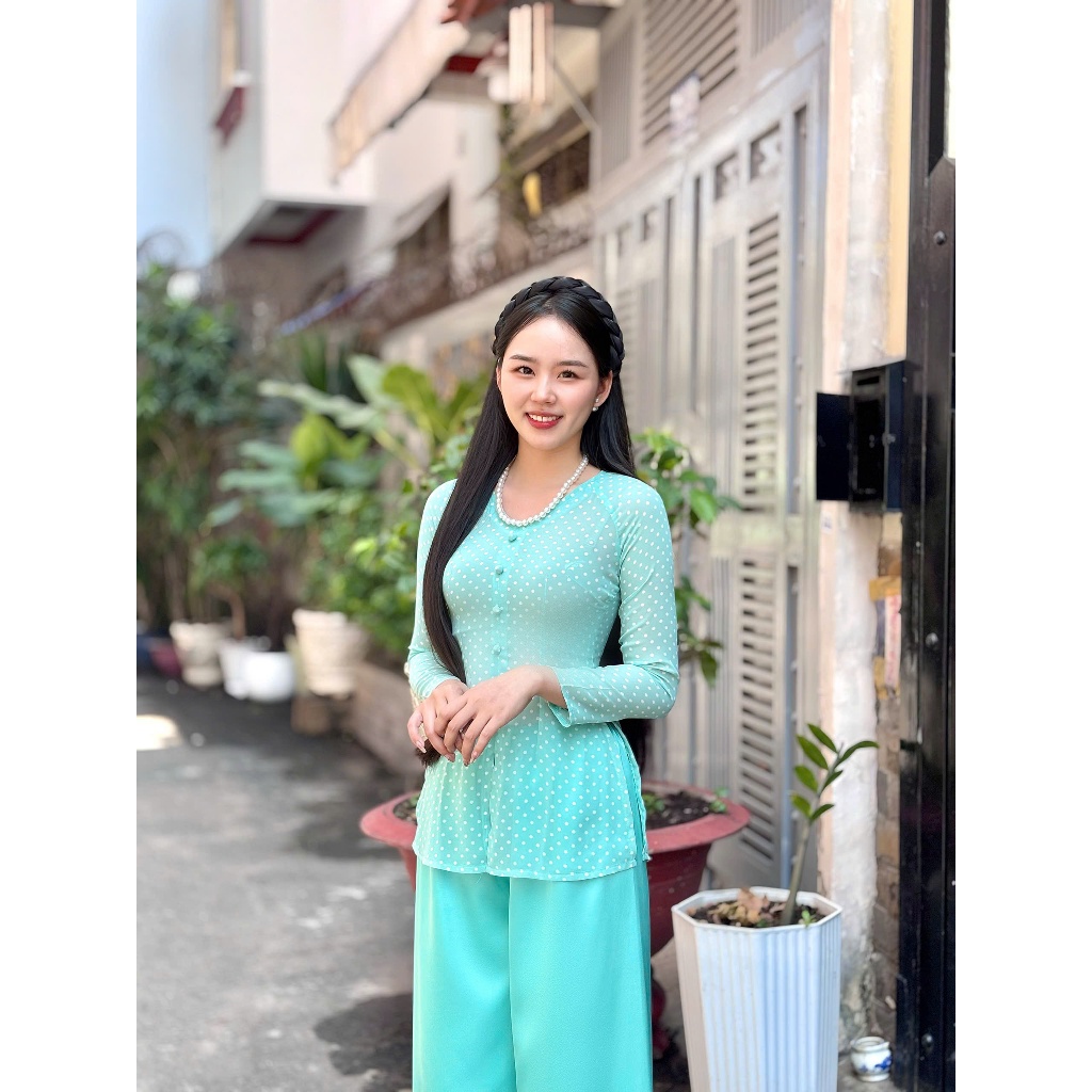 Hân Nguyễn Áo Bà Ba - B.A190 - Áo Bà Ba Voan Chiffon Nàng Thơ Chấm Bi Cổ Tim Dây Kéo QUẦN NGỌC TRAI