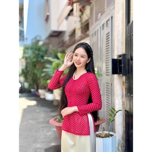 B.A190 - Áo Bà Ba Áo VOAN Chiffon Nàng Thơ Chấm Bi Cổ Tim Dây Kéo + Quần Ngọc Trai