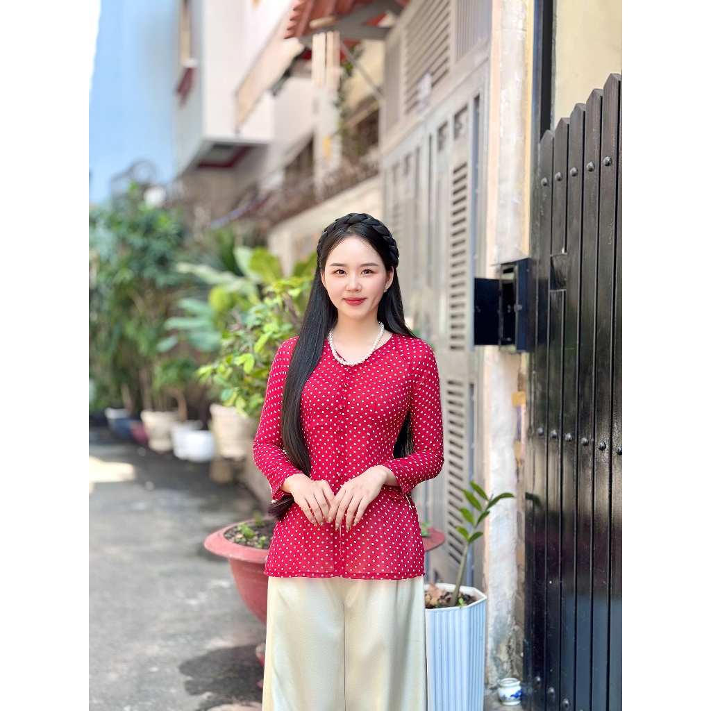 Hân Nguyễn Áo Bà Ba - B.A190 - Áo Bà Ba Voan Chiffon Nàng Thơ Chấm Bi Cổ Tim Dây Kéo QUẦN NGỌC TRAI