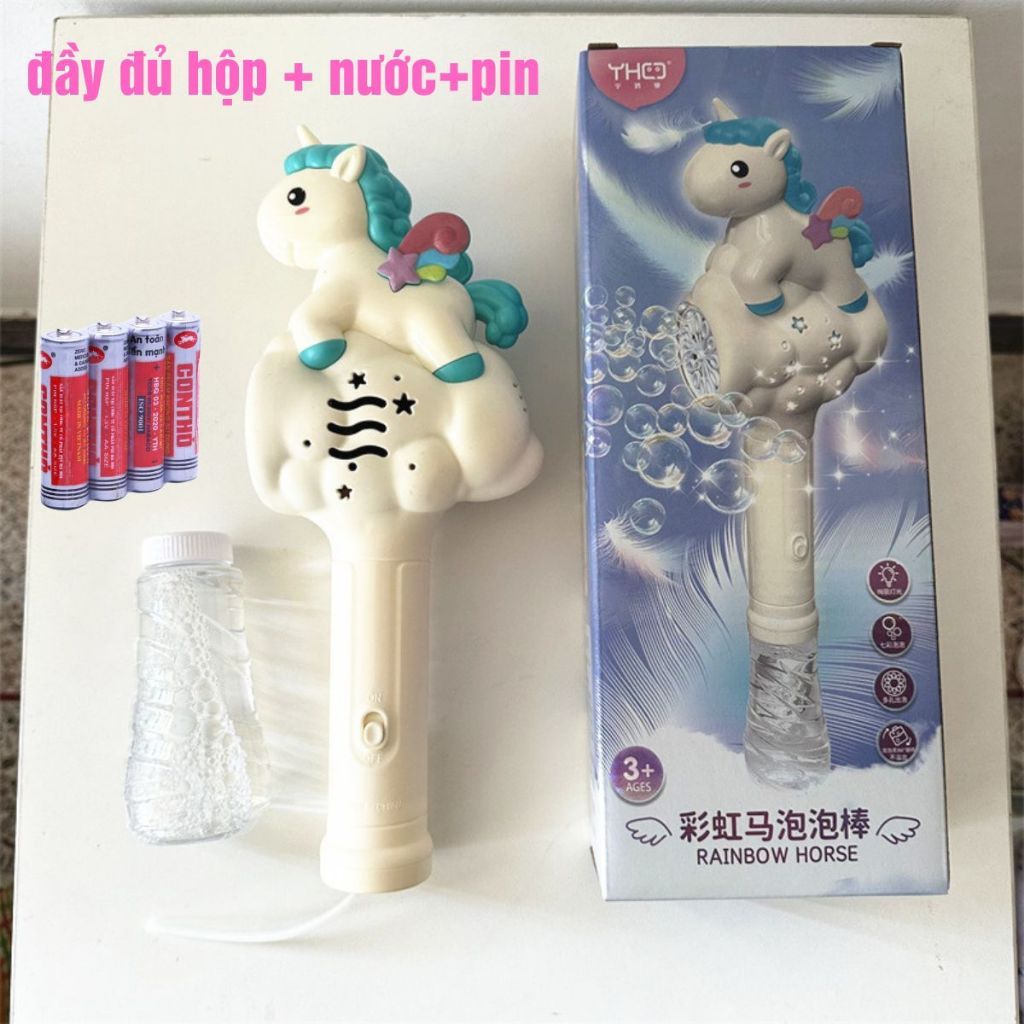 Súng thổi ra nhiều bong bóng xà phòng mẫu ngựa pony tai thỏ ngộ nghĩnh cho bé kèm pin và nước