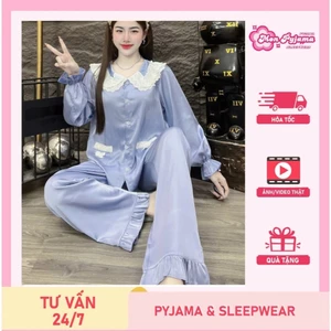Đồ bộ nữ đồ mặc nhà, đồ ngủ đẹp cho nữ, đồ dài tay lụa mịn phối ren bèo họa tiết nơ dễ thương [410].