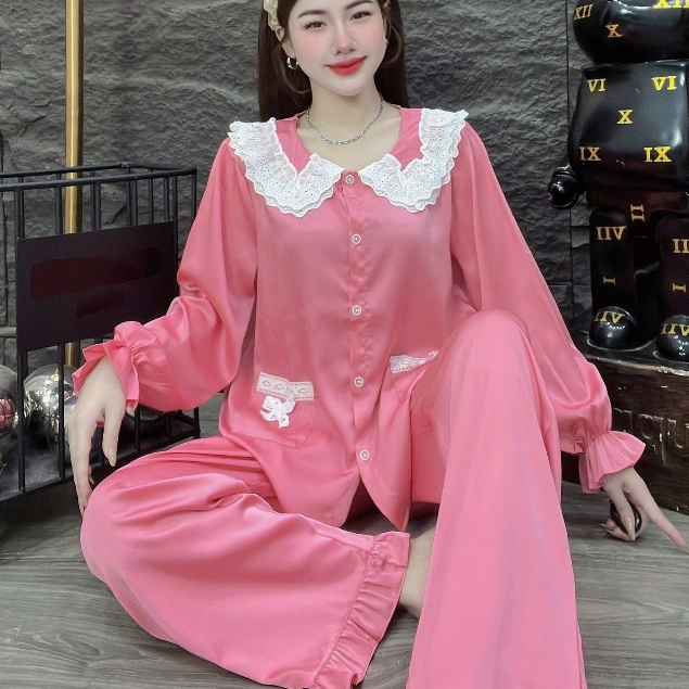 Đồ bộ nữ đồ mặc nhà, đồ ngủ đẹp cho nữ, đồ dài tay lụa mịn phối ren bèo họa tiết nơ dễ thương [410].