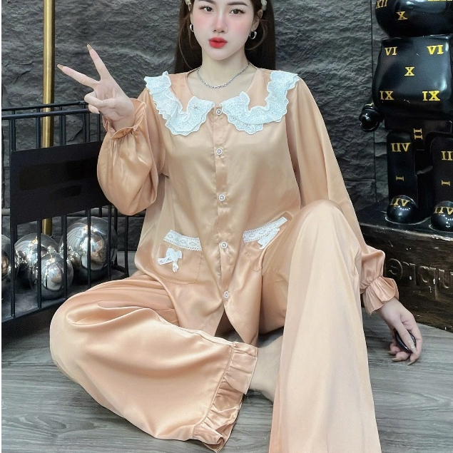 Đồ bộ nữ đồ mặc nhà, đồ ngủ đẹp cho nữ, đồ dài tay lụa mịn phối ren bèo họa tiết nơ dễ thương [410].