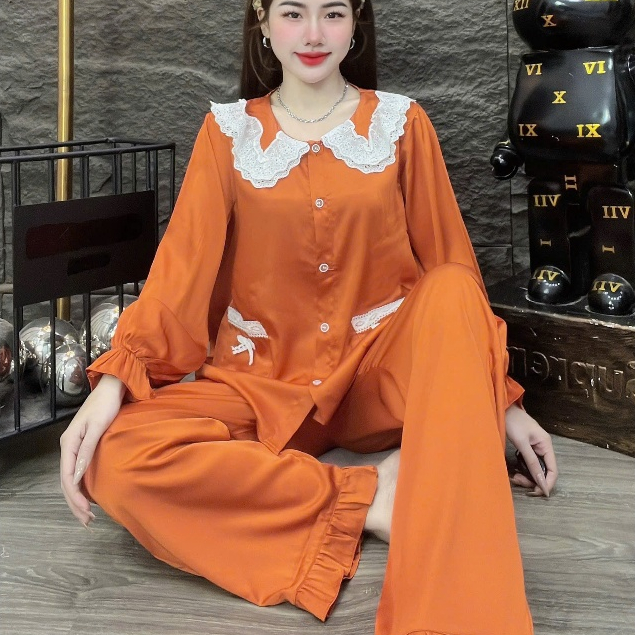 Đồ bộ nữ đồ mặc nhà, đồ ngủ đẹp cho nữ, đồ dài tay lụa mịn phối ren bèo họa tiết nơ dễ thương [410].