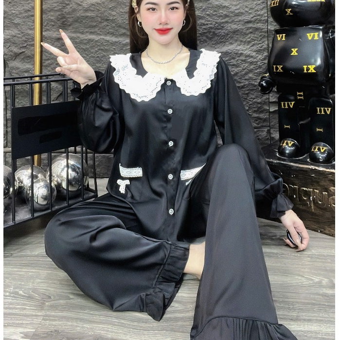Đồ bộ nữ đồ mặc nhà, đồ ngủ đẹp cho nữ, đồ dài tay lụa mịn phối ren bèo họa tiết nơ dễ thương [410].