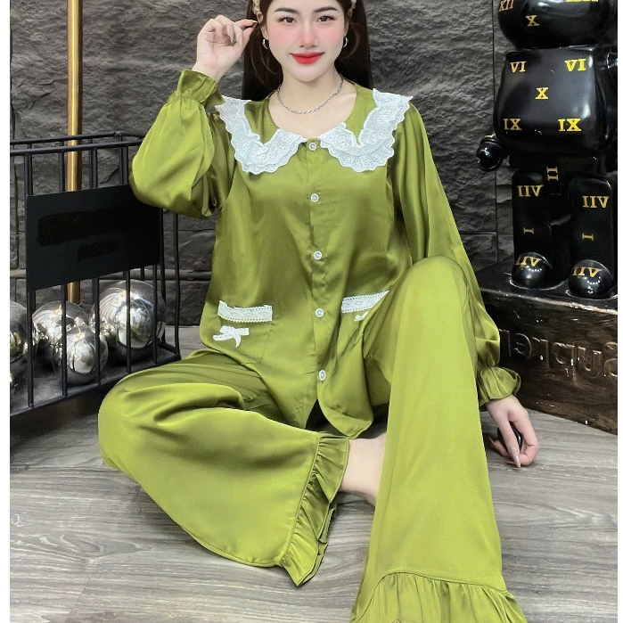 Đồ bộ nữ đồ mặc nhà, đồ ngủ đẹp cho nữ, đồ dài tay lụa mịn phối ren bèo họa tiết nơ dễ thương [410].
