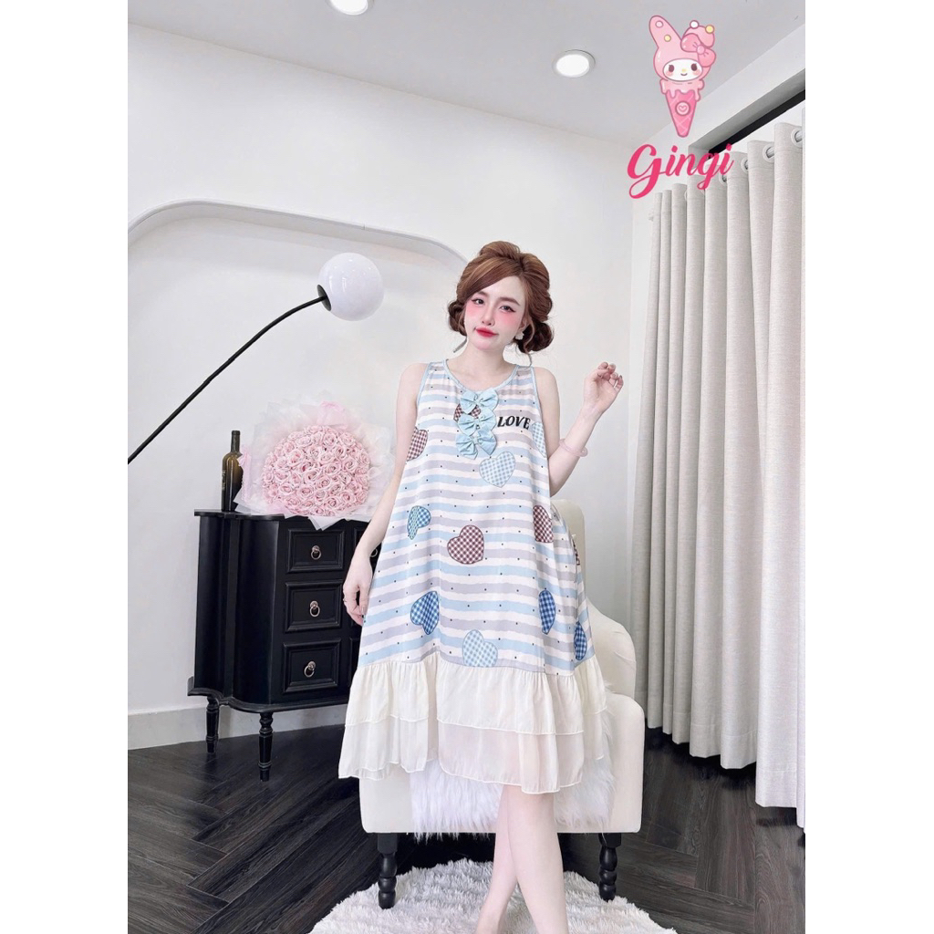 [Size40-60kg Đầm120624 ]Đầm nữ mặc nhà-mặc ngủ form cổ tròn tay tiên phối hoạ tiết đáng yêu chất lụa latin