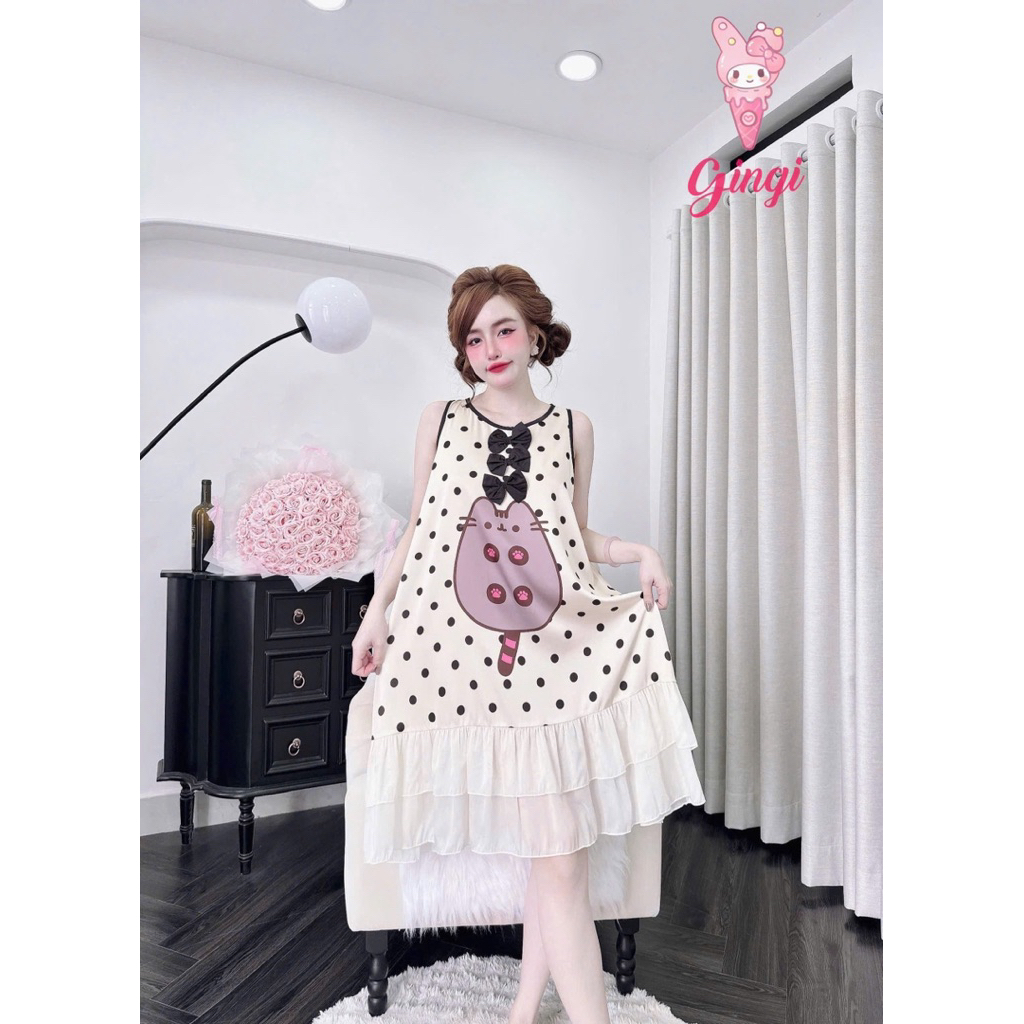 [Size40-60kg Đầm120624 ]Đầm nữ mặc nhà-mặc ngủ form cổ tròn tay tiên phối hoạ tiết đáng yêu chất lụa latin