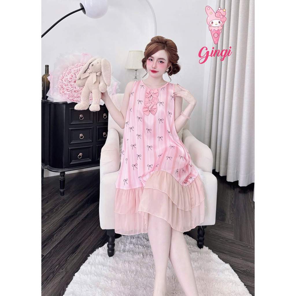 [Size40-60kg Đầm120624 ]Đầm nữ mặc nhà-mặc ngủ form cổ tròn tay tiên phối hoạ tiết đáng yêu chất lụa latin
