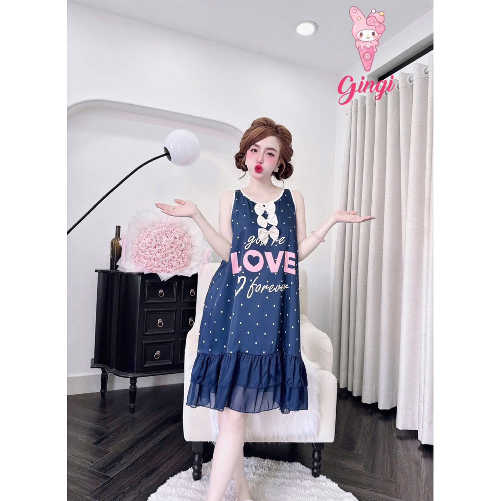 [Size40-60kg Đầm120624 ]Đầm nữ mặc nhà-mặc ngủ form cổ tròn tay tiên phối hoạ tiết đáng yêu chất lụa latin