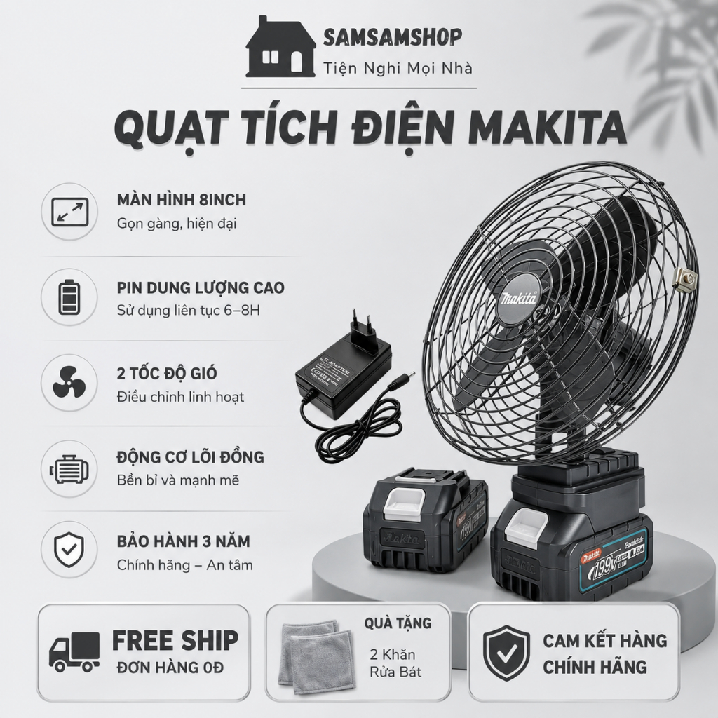 Quạt Tích Điện Lồng Sắt Makita, Kích Thước 8 Inch, Đế Pin 21V - 2 Mức Gió, Sử Dụng 4-8-12 Tiếng Hot