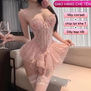 Váy Corset Cup Ngực Dây Kẹp Tất Đệm Ngực Mềm Siêu Nâng Sexy Gợi Cảm Kèm Quần Chip Tất Đùi