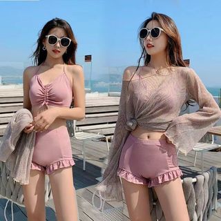 Đồ Bơi Nữ Mùa Hè Ngọt Ngào Gợi Cảm | Áo Choàng Lưới Bèo | Vải Polyester bikini đồ đi biển set cao