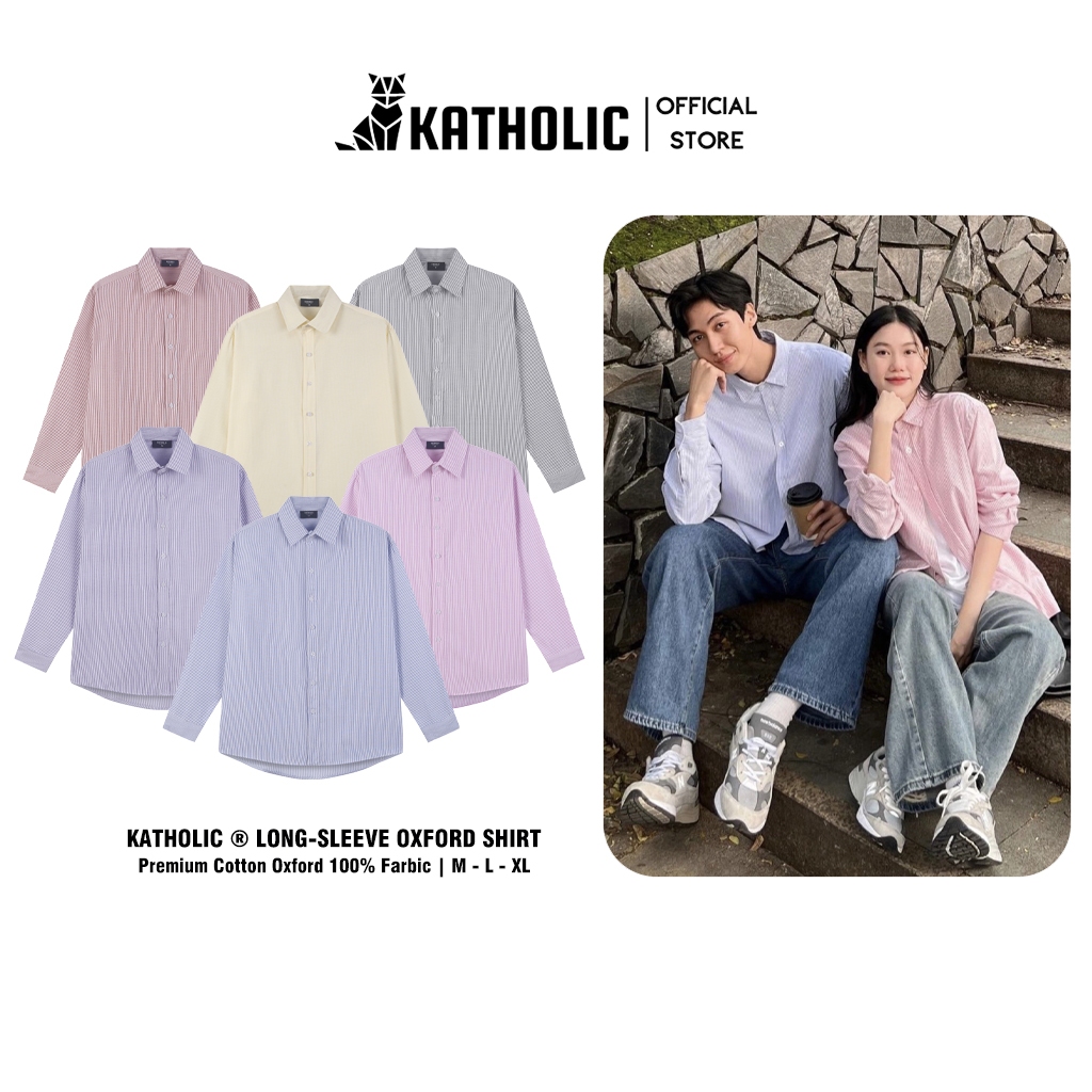 Áo Sơ Mi Kẻ Sọc Tay Dài Nam Nữ Hàn Quốc Local Brand KATHOLIC Chất Liệu Oxford Form Rộng 3 Màu Xám, Hồng, Xanh KAT012