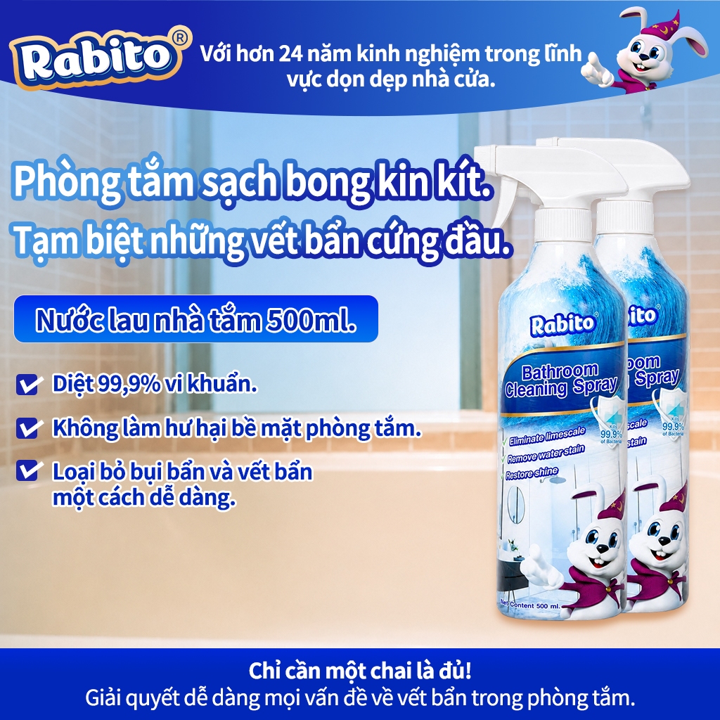 Nước tẩy nhà tắm Rabito 500ml, Diet Khuan 99.9%, làm sạch bụi bẩn, vết bẩn và dầu mỡ trên các thiết bị nhà tắm và mạch