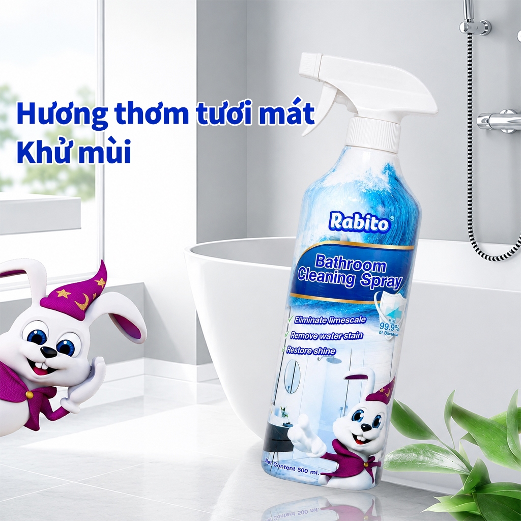 Nước tẩy nhà tắm Rabito 500ml, Diet Khuan 99.9%, làm sạch bụi bẩn, vết bẩn và dầu mỡ trên các thiết bị nhà tắm và mạch