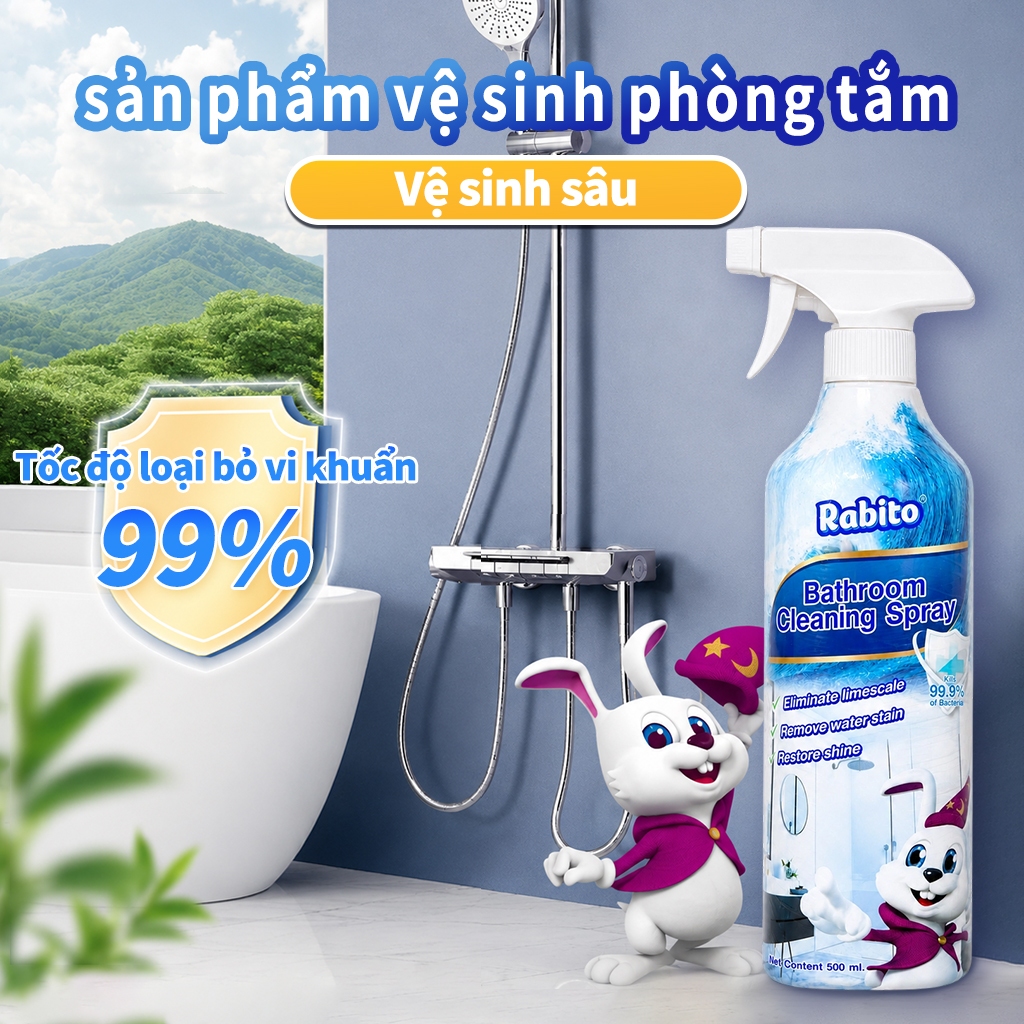 Nước tẩy nhà tắm Rabito 500ml, Diet Khuan 99.9%, làm sạch bụi bẩn, vết bẩn và dầu mỡ trên các thiết bị nhà tắm và mạch