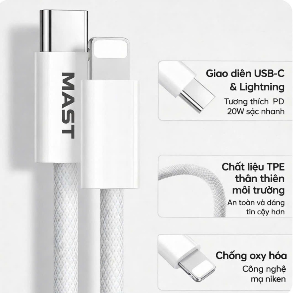 Cáp Sạc Nhanh Chính Hãng MAST, Dùng Cho iPhone 6-18Promax. Bọc Dù Chống Gãy Gập Sạc Ổn Định An Toàn