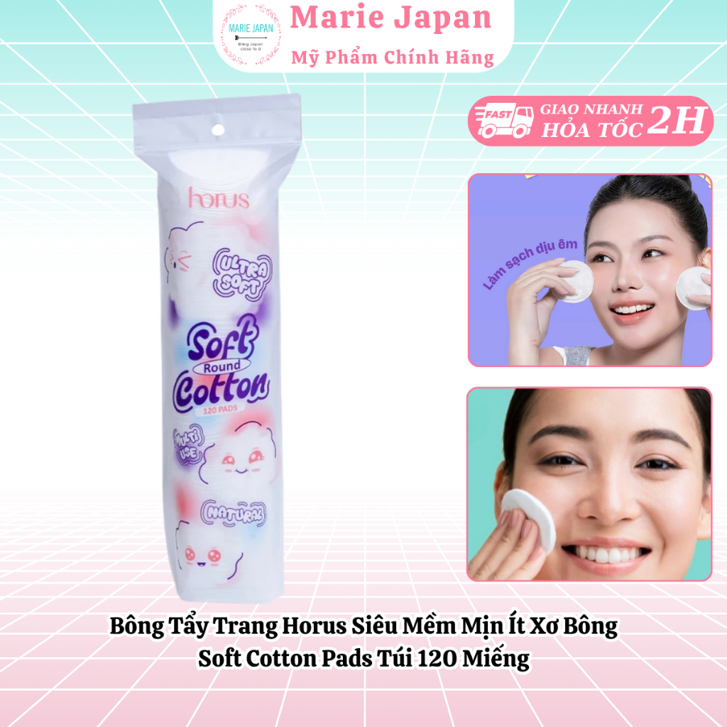 Bông Tẩy Trang Horus Siêu Mềm Mịn Ít Xơ Bông Soft Cotton Pads Túi 120 Miếng