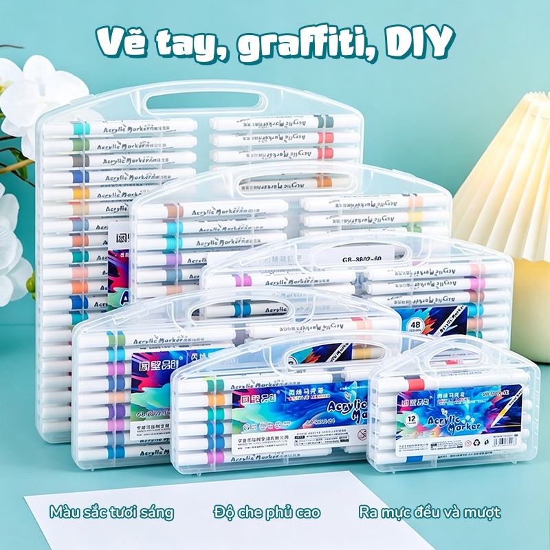 Acrylic Marker Màu Set Dụng Cụ Học Tập Cho Bé, Vẽ Được Trên Nhiều Chất Liệu, Mực Không Lem, Đầu Tròn 12/24/36/48/60 Màu