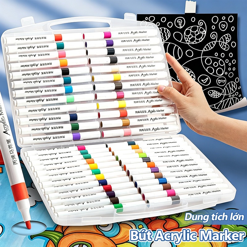 Acrylic Marker Màu Set Dụng Cụ Học Tập Cho Bé, Vẽ Được Trên Nhiều Chất Liệu, Mực Không Lem, Đầu Tròn 12/24/36/48/60 Màu