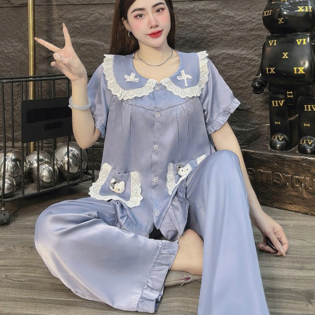 Đồ bộ nữ đồ mặc nhà, đồ ngủ đẹp cho nữ, đồ ngắn tay lụa mịn phối ren bèo họa tiết nơ dễ thương [420]
