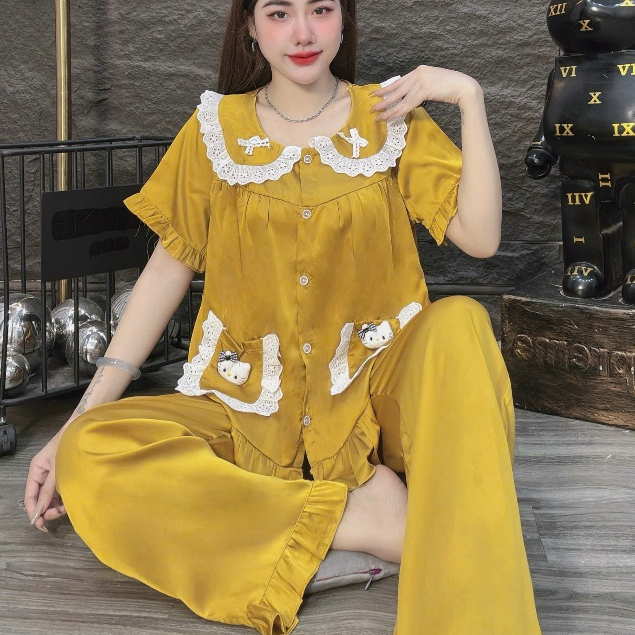 Đồ bộ nữ đồ mặc nhà, đồ ngủ đẹp cho nữ, đồ ngắn tay lụa mịn phối ren bèo họa tiết nơ dễ thương [420]