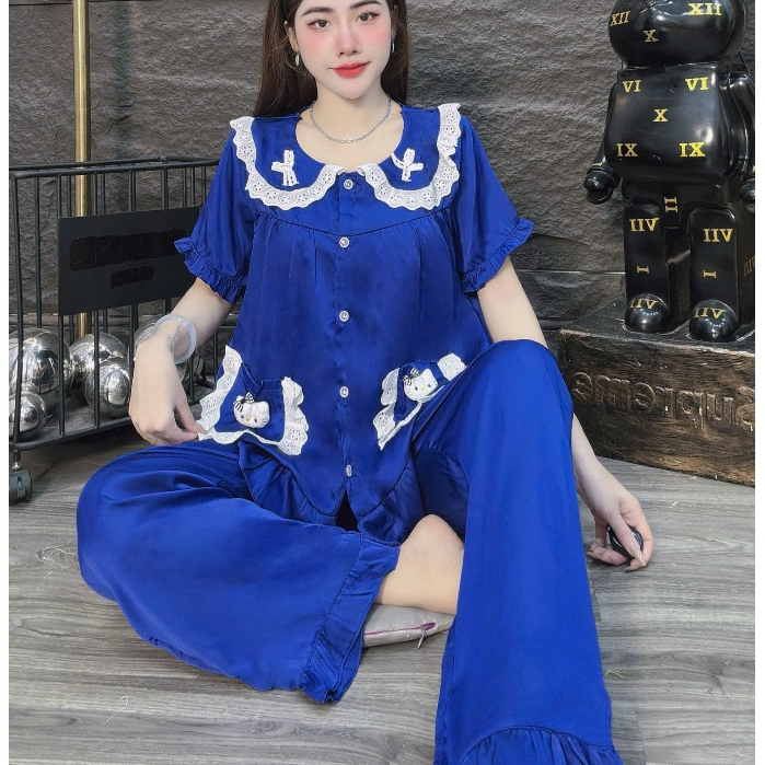 Đồ bộ nữ đồ mặc nhà, đồ ngủ đẹp cho nữ, đồ ngắn tay lụa mịn phối ren bèo họa tiết nơ dễ thương [420]