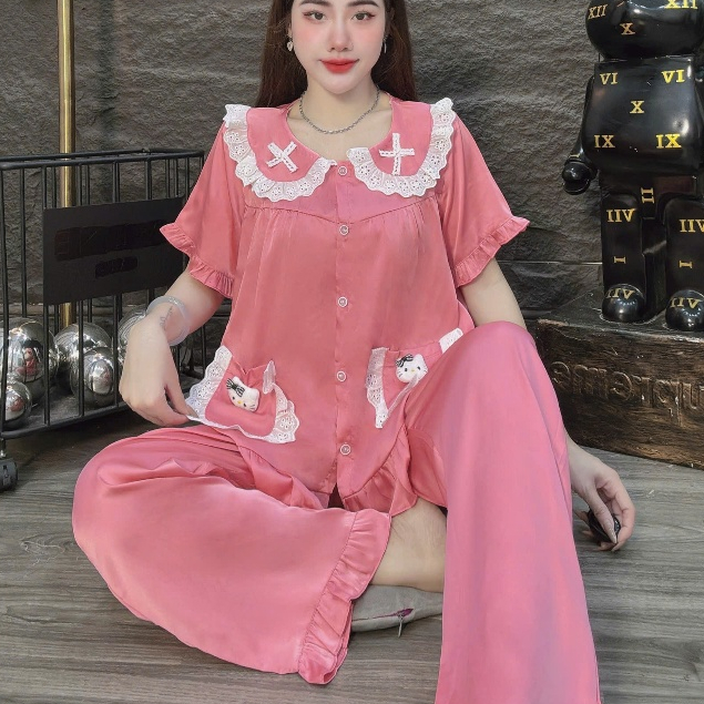 Đồ bộ nữ đồ mặc nhà, đồ ngủ đẹp cho nữ, đồ ngắn tay lụa mịn phối ren bèo họa tiết nơ dễ thương [420]