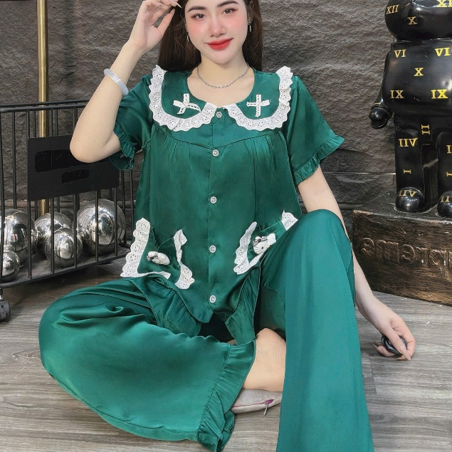 Đồ bộ nữ đồ mặc nhà, đồ ngủ đẹp cho nữ, đồ ngắn tay lụa mịn phối ren bèo họa tiết nơ dễ thương [420]