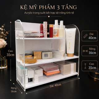 Kệ Để Bàn, Kệ Đựng Đồ, Kệ Mỹ Phẩm Trong Suốt Mica 5mm, Kệ Tủ Đựng Đồ Trang Điểm Gỗ Nhựa PVC Trắng Để Bàn 2, 3 Tầng
