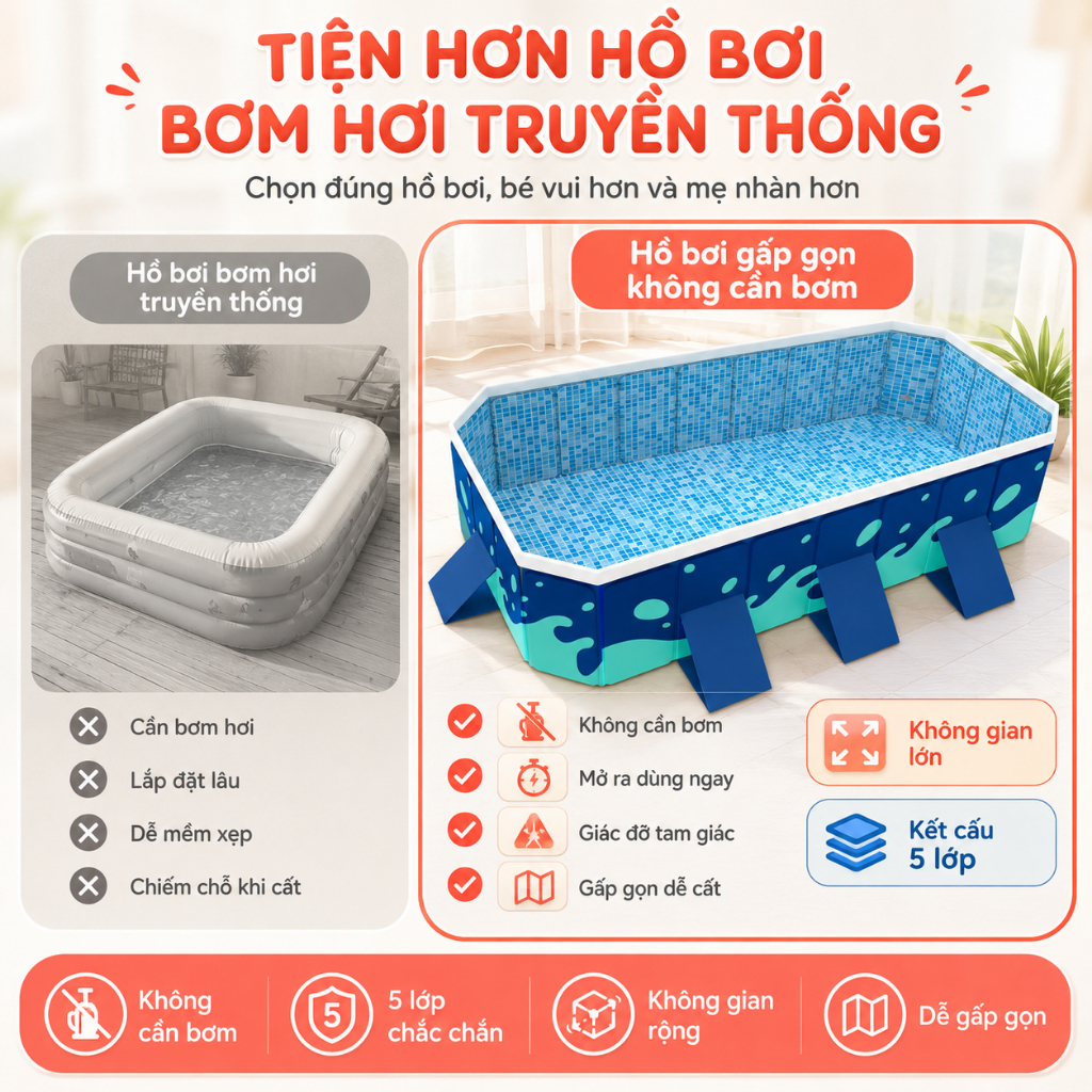 hồ bơi cho bé tại nhà Beige Bể bơi Mẫu không bơm hơi, PVC nâng cấp và dày hơn, mẫu mới vào năm 2026