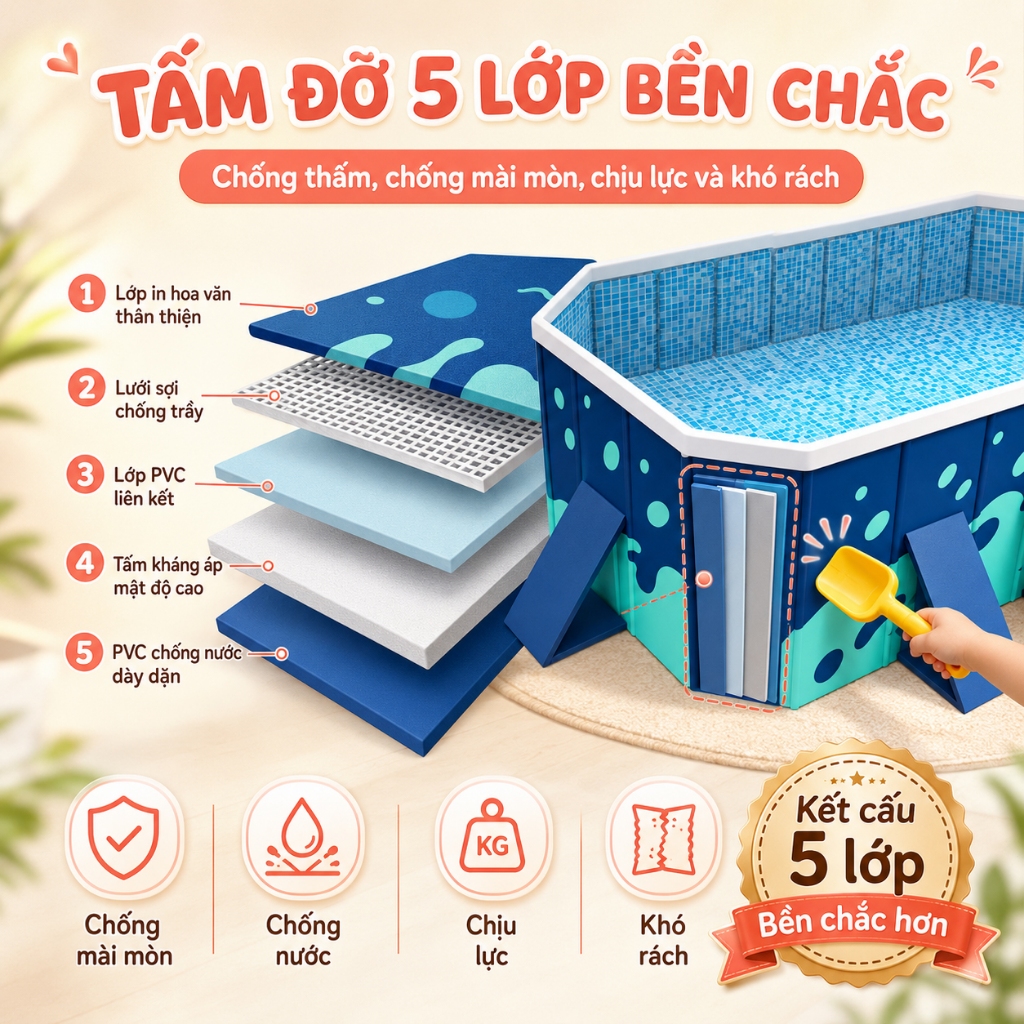 hồ bơi cho bé tại nhà Beige Bể bơi Mẫu không bơm hơi, PVC nâng cấp và dày hơn, mẫu mới vào năm 2026