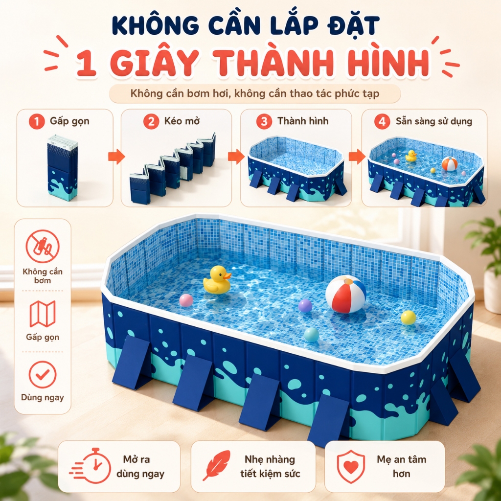 hồ bơi cho bé tại nhà Beige Bể bơi Mẫu không bơm hơi, PVC nâng cấp và dày hơn, mẫu mới vào năm 2026