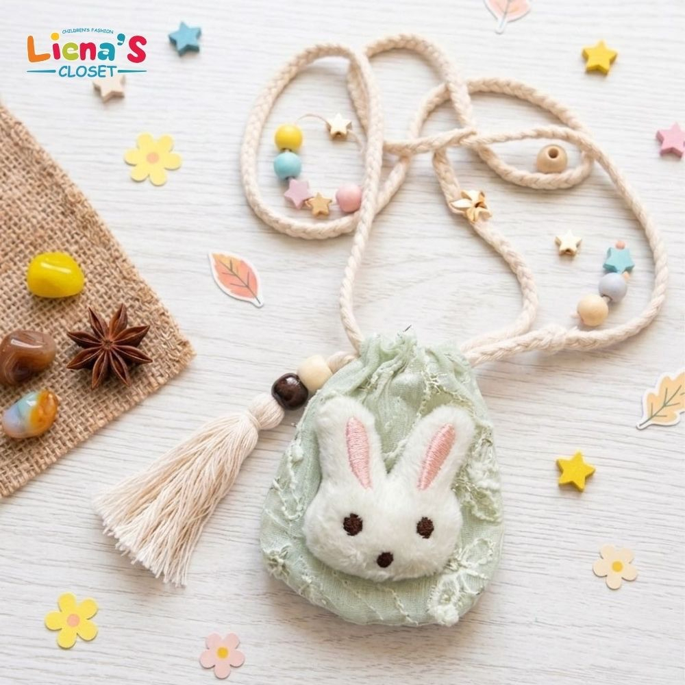 Túi Tỏi Đeo Cổ Hình Thỏ Cho Bé Handmade Vải Tơ Thêu Kết Hợp Vải Thô Chấm Bi Hoa Nổi Kèm Tua Rua Dễ Thương