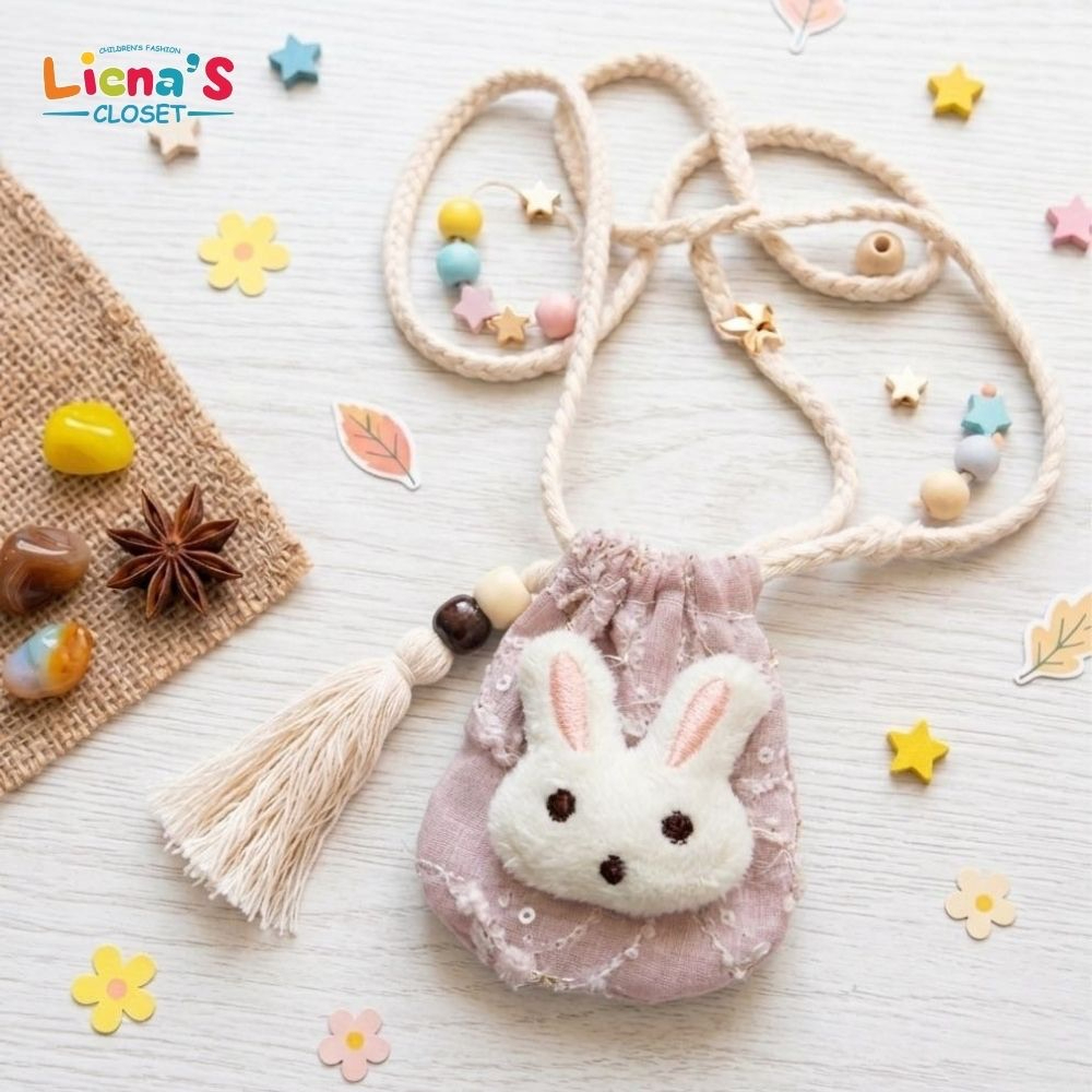 Túi Tỏi Đeo Cổ Hình Thỏ Cho Bé Handmade Vải Tơ Thêu Kết Hợp Vải Thô Chấm Bi Hoa Nổi Kèm Tua Rua Dễ Thương