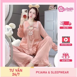 Đồ bộ đồ mặc nhà, đồ ngủ đẹp cho nữ, đồ dài tay lụa mịn phối nơ họa tiết nơ tiểu thư dễ thương [430]