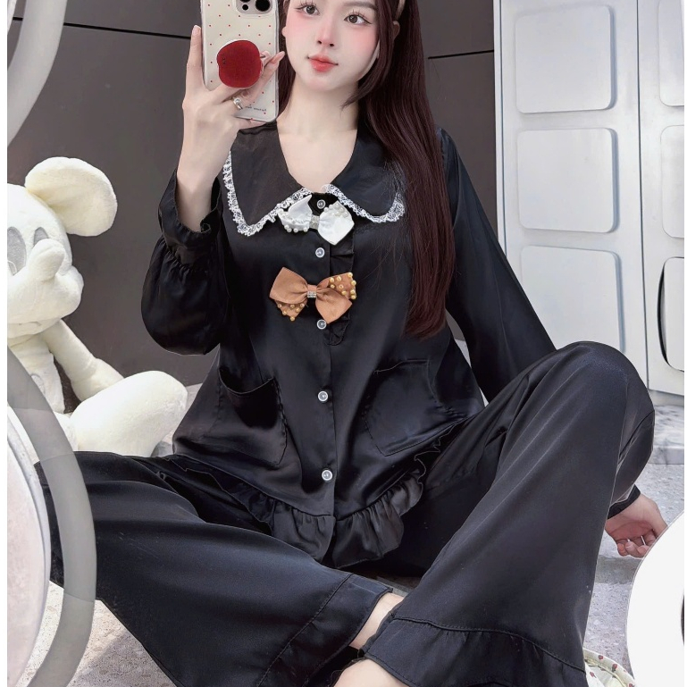 Đồ bộ đồ mặc nhà, đồ ngủ đẹp cho nữ, đồ dài tay lụa mịn phối nơ họa tiết nơ tiểu thư dễ thương [430]